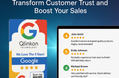 Business owner showcasing Google Review Cards to boost customer trust and increase sales